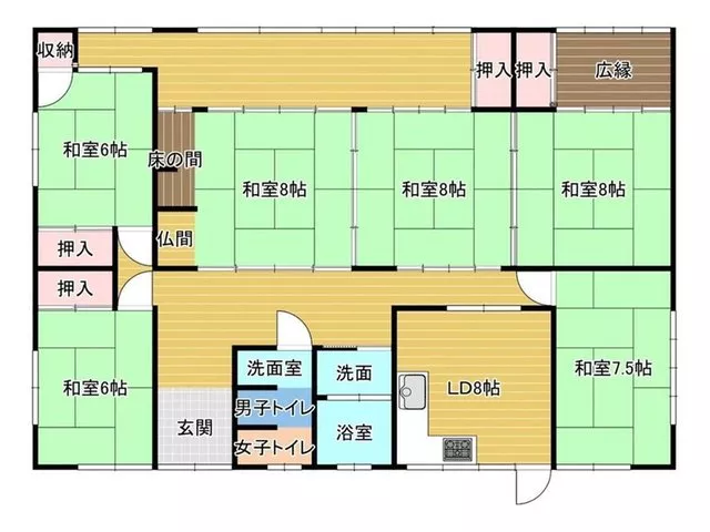 Popular single-story house! The land area is spacious at 149.41 tsubo. It also comes with a warehouse and garage.
