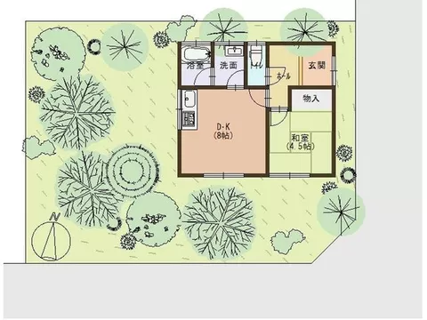 A 1DK single-story house built on a corner lot in a subdivision spreading over a hill.