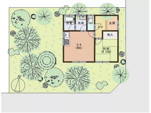 A 1DK single-story house built on a corner lot in a subdivision spreading over a hill.